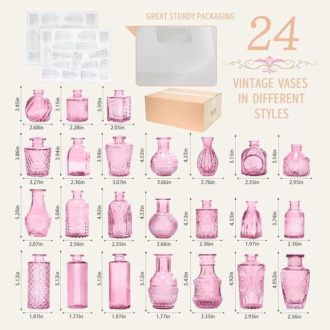 24PCS Mini Bud Vases As Wedding Centerpieces for Tables,Clear Bud Vases for Flowers,Small Flower Vases Suitable for Birthday Party,Anniversary,Wedding Reception,Baby Shower (Pink, 24PCS)