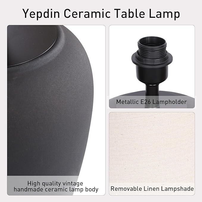 YEPDIN Ceramic Pot Table Lamp 18.5 inch Circular Frosted Nightstand Lamp, Tapered Fabric Shade Bedside, Ceramic Decorative for Living Room Bedroom House Office Entryway, TL1