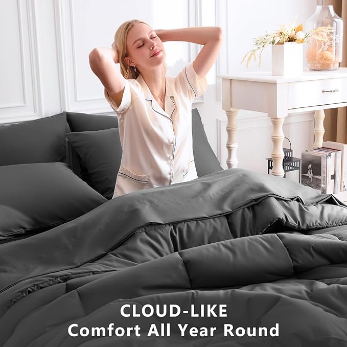 CozyLux Full Size Comforter Sets Dark Grey, 7 Pieces Bed in a Bag, Dark Grey Comforter Full Size, All Season Bedding Sets with Stitch Quilted Comforter, Flat Sheet, Fitted Sheet, Pillowcases