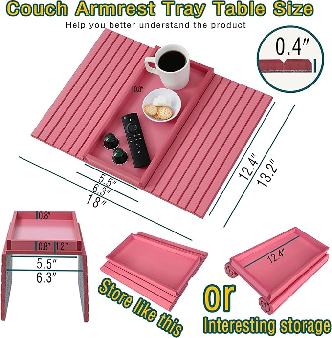 Bamboo Couch Arm Tray Table，Foldable Sofa Armrest Tray Table for Couch，Flexible and Anti-Slip Couch Arm Cup Holder，Portable Sofa Arm Chair Table for Drink,Cups, Eats，Snacks, Phone, Remote (Pink)