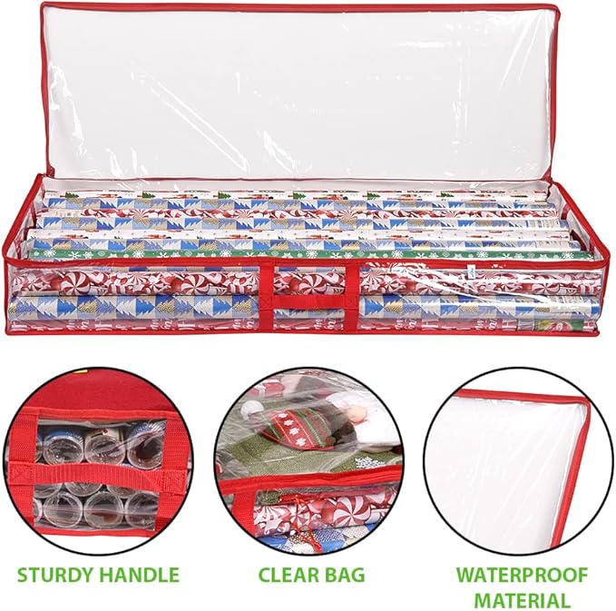 ProPik Wrapping Paper Storage Containers | Gift Wrap Organizer Under Bed | 41”x14”x6” | Box Holds 18-24 Rolls Up to 40” Long | Holder with Pockets for Ribbon, Bows and Accessories (2 Pack - Red)