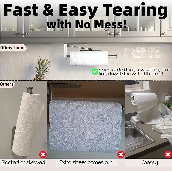 Upgraded Kitchen Paper Towel Holder - One-Hand Tear Under Cabinet Stick-on Towel Rack for Hanging Paper - First Apartment Essentials Wall Mount Self Adhesive Stainless Steel Rack Fits