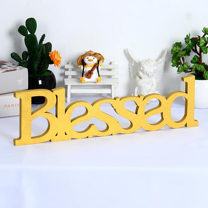 Blessed Letter Table Sign,Rustic Wooden Home Signs Decor (Gold)