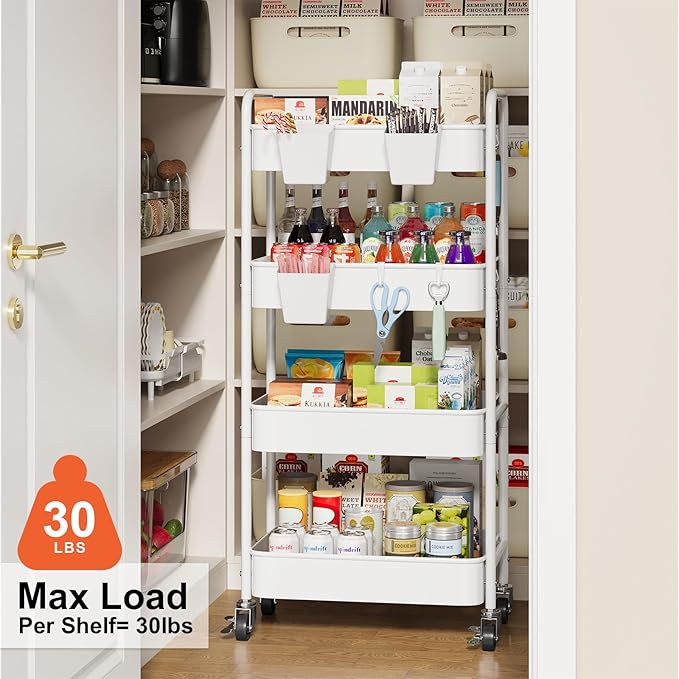 4 Tier Rolling Cart Metal with Wheels, White Four Tiered Rolling Storage Cart on Wheels, Utility Roller Carts Organizer for Art, Craft, Baby Diaper Caddy, Snack, Book, Large-Capacity Shelving Units