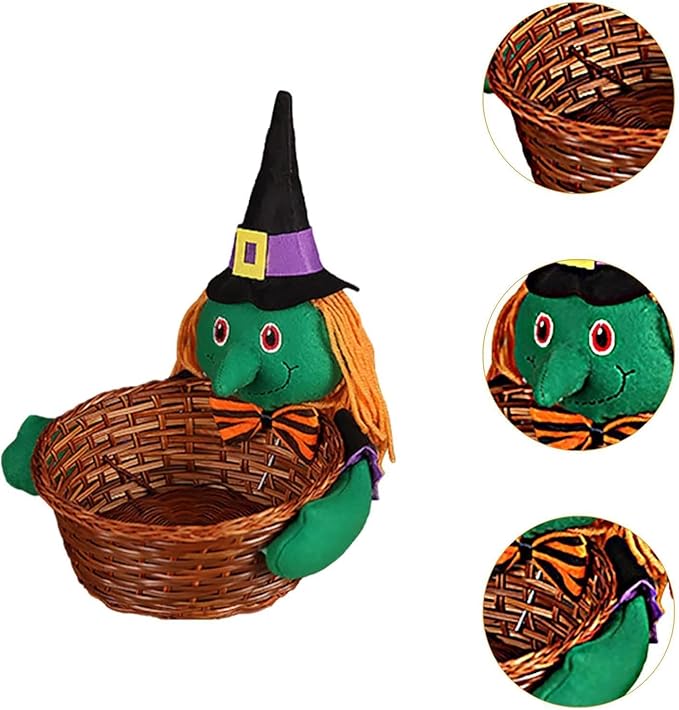 Halloween Storage Basket Woven Halloween Figure Candy Basket Decorative Storage Organizer for Festivals Party Supplies - Green