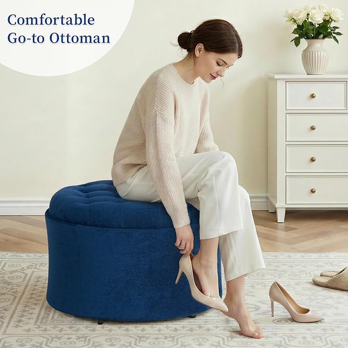ONBRILL 25" Round Ottoman Coffee Table, Storage Ottoman with Lift-Off Lid, Multifunctional Foot Rest & Hidden Storage, Sturdy Steel Frame for Bedroom, Living Room, Corners, Apartment