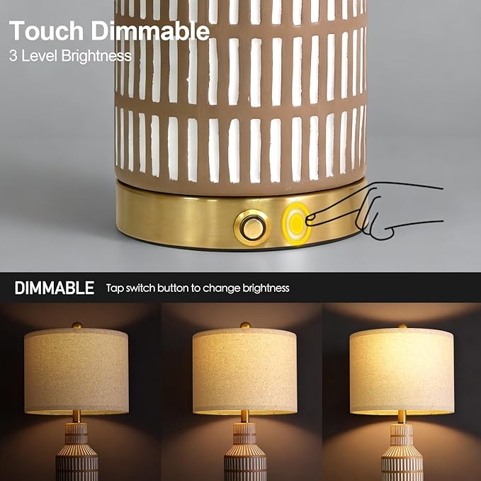 USumkky 25" Modern 3-Way Dimmable Touch Control with USB A+C Ceramic Lamps Set of 2 Table Lamp for Living Room Bedroom Farmhouse Nightstand Bedside Brown