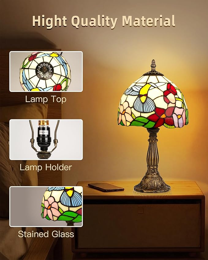 Hummingbird Tiffany Style Table Lamp with LED Bulb, 8 Inch Handmade Stained Glass Light, Antique Desk & Bedside Lamp for Living Room, Bedroom, Study Office