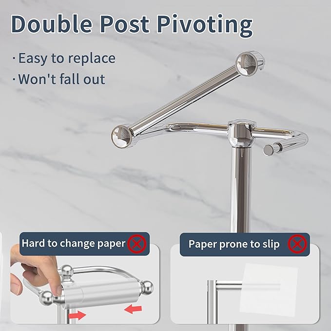 RARXTR Toilet Paper Holder Stand, Post Pivoting Design Free Standing Toilet Paper Holder with Storage for 4 Rolls, SUS304 Stainless Steel Tissue Holder with Reserve, Heavy-Duty Base (Chrome)