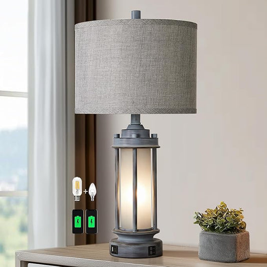 AIEAMPDO Rustic Table Lamp for Bedroom Living Room with 2 USB Ports, Farmhouse Vintage Nightstand Lamp 25'' with Light Green Glass Nightlight, Antique Retro Desk Lamp for Entryway, 2 Bulbs Included