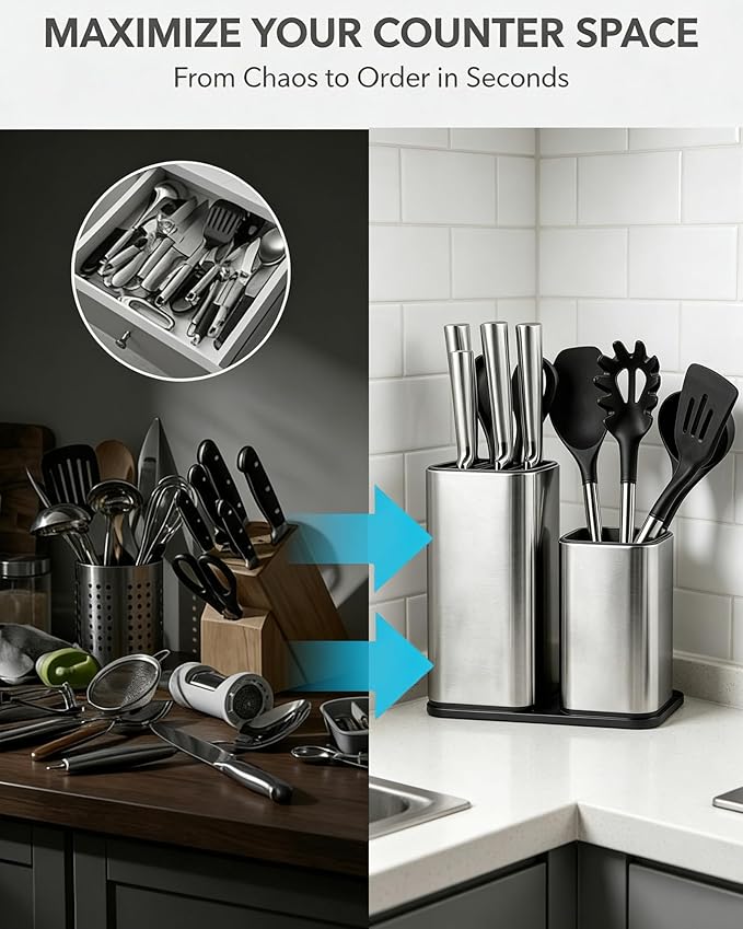 Universal Knife Block, 3-in-1 Stainless Steel Knife Holder and Utensil Holder, Extra Stable Non-Slip Base Kitchen Organizer for Countertop Storage, Space Saving Caddy for Knives, Spoons, Fork