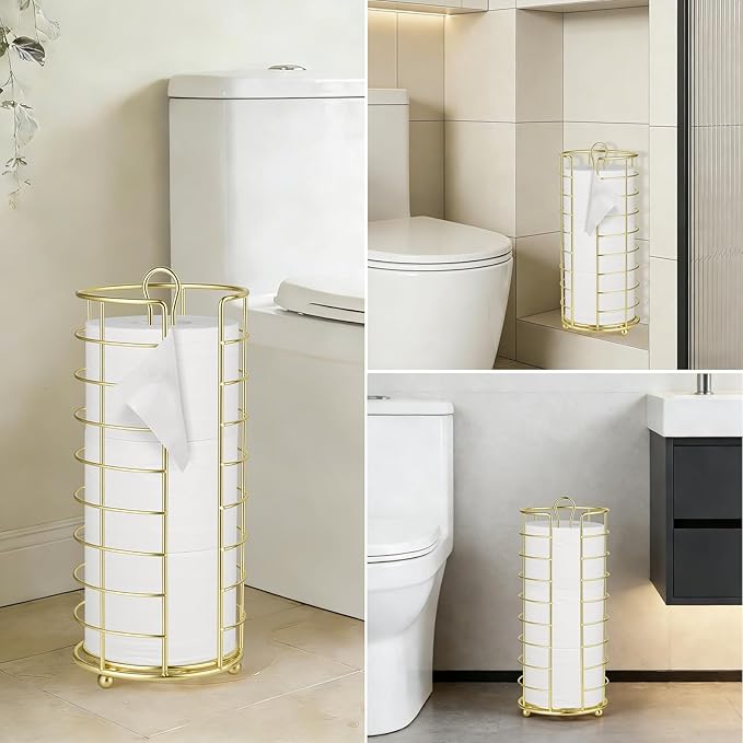 Toilet Paper Holder Stand - Freestanding Toilet Paper Storage,Gold Bathroom Organizer,3 Mega Roll Toilet Paper Roll Holder for Under Sink, Vanity, Cabinet Shelf (Gold)