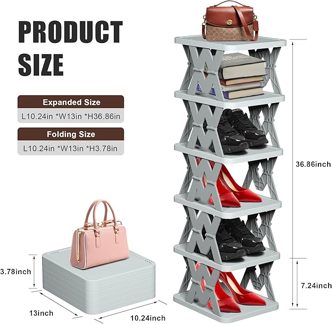 Shoe Rack, 6 Tier Shoe Organizer Without Assembly, Foldable Small Shoe Rack Space Saving, Collapsible Shoe Organizer for Entryway, Front Door Entrance, Kids, Bedroom, White