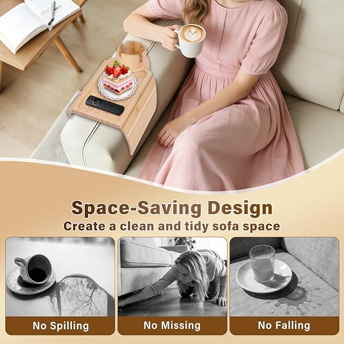Couch Cup Holder Tray, 3-in-1 Bamboo Couch Armrest Table with 360° Rotating Magnetic and Detachable Phone Holder Stand, Foldable Anti-Slip Sofa Arm Tray for Remote, Phone, Snacks and Drinks