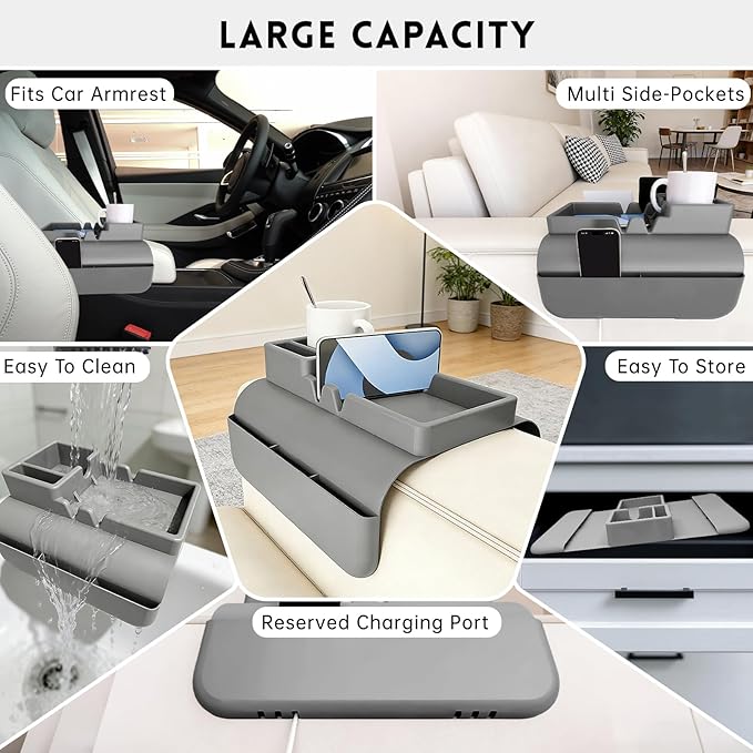 2Pcs Couch Cup Holder Tray, Couch Arm Cup Holder, Large Anti-Slip Couch Cups Holder with Side Pocket, Silicone Sofa Armrest Organizer for Snacks/Remote/Phone/Fruit, Gift for Holiday
