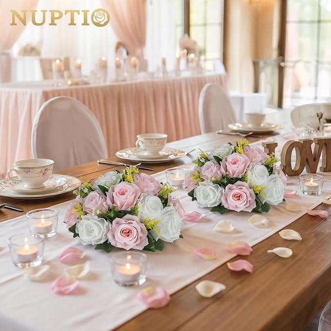 NUPTIO Flower Ball Centerpieces for Tables: Artificial Pink & White Rose Arrangements for Wedding Centerpiece - 2 Pcs Faux Silk Floral Kissing Balls for Home Gender Reveal Party Mother's Day Decor