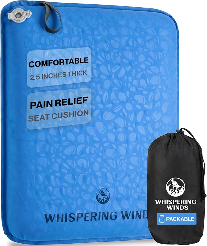Whispering Winds Inflatable Seat Cushion - Comfortable Blow-up Foam Pad for Airplane, Travel, Stadium, Outdoors, Camping, Car & More