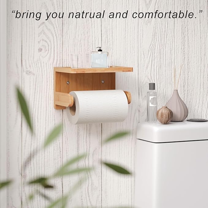 VERTORGAN 2 Pack Toilet Paper Holder with Phone Shelf,Bamboo Wall Mounted Tissue Roll Holder for Bathroom(Natural)