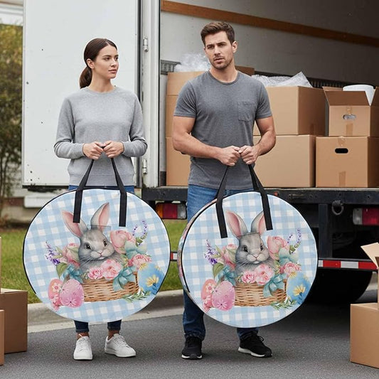 36 Inch Round Storage Bag 2 Pack,Easter Day Natural Floral Rabbit Eggs Waterproof Wreath Storage Container with Handles&Zipper Blue Colorful Check Closet Organizer Bags Garland Box