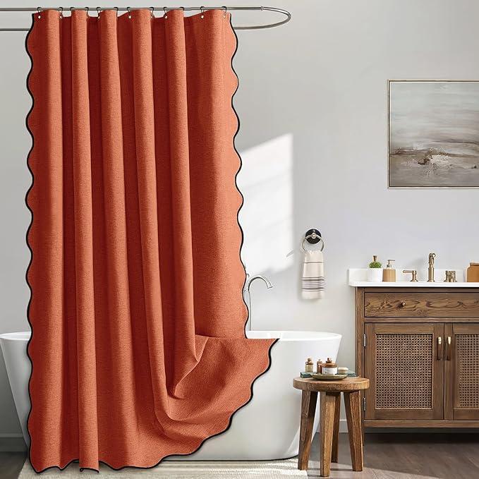 MIULEE Burnt Orange Scalloped Shower Curtain Linen Textured with 12 Metal Hooks Cute Heavy Duty Washable Waterproof Thick Cloth Shower Curtains with Black Border for Bathroom Hotel Bathtub,W72*L72