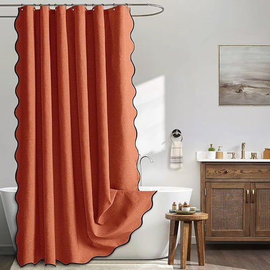 MIULEE Burnt Orange Scalloped Shower Curtain Linen Textured with 12 Metal Hooks Cute Heavy Duty Washable Waterproof Thick Cloth Shower Curtains with Black Border for Bathroom Hotel Bathtub,W72*L72