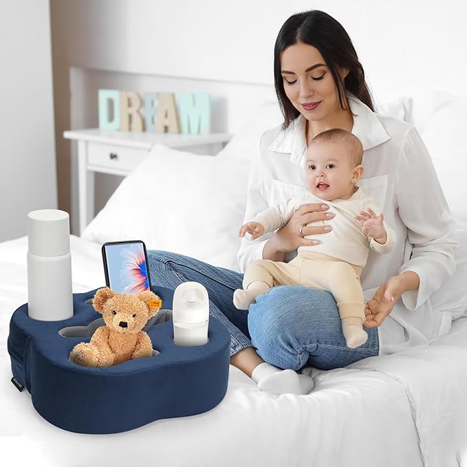 Couch Cup Holder Pillow, Sofa Organizer Caddy Bed Refreshment Tray for Drinks, Remotes, Phones, Snacks (Navy)