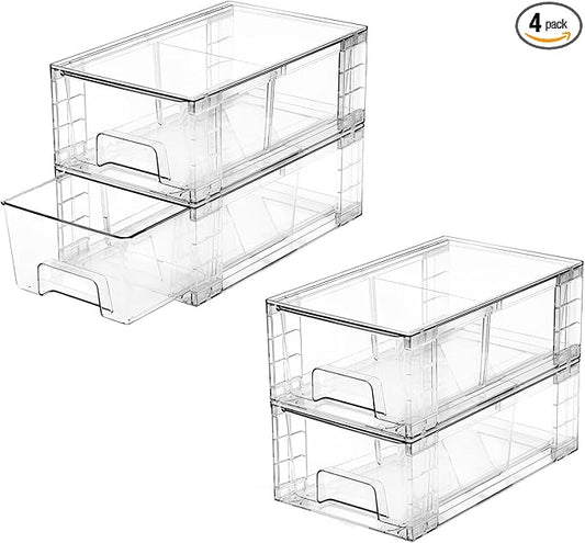 4 Pack Stackable Storage Drawers with Handles, Easy Assembly Clear Acrylic Fridge Organizer, Refrigerator Organizers and Storage for Kitchen, Under Sink, Pantry, Bathroom