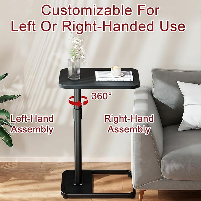 GOYLSER C Shaped Tv Trays Living Room End Table End Stand, Black Minimalist Wooden c Table for Sofa, Height Adjustable Tv Tray Tables Swivel Side Table for Dinner Eating