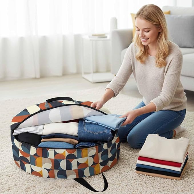 Storage Bag Mid Century Geometric Round Storage Totes Bins Closet Organizers with Zippers & Handle Abstract Modern Clothes Storage Container for Bedroom Dorm Space Saving Packing Supplies Moving Bags