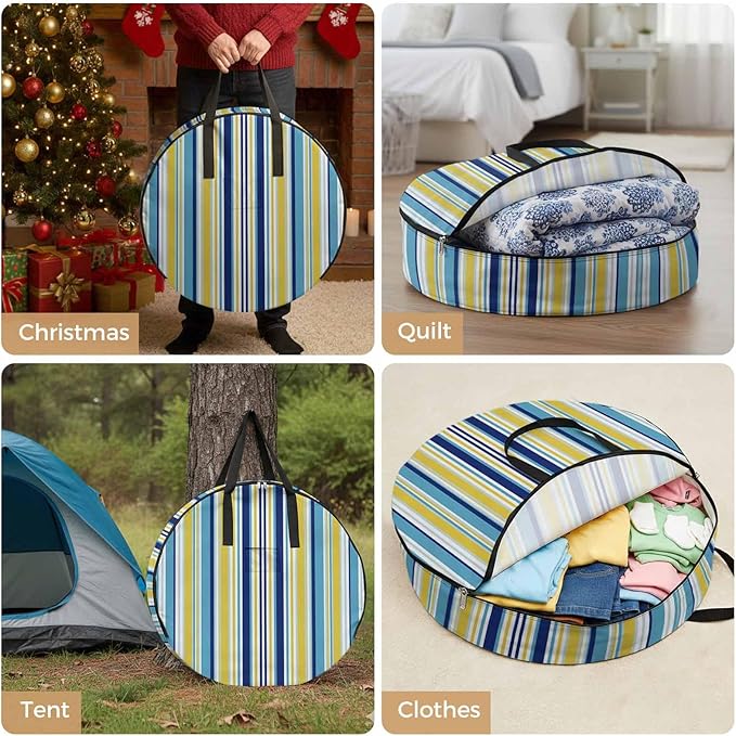 Storage Bag Navy Blue Striped Round Storage Totes Bins Closet Organizers with Zippers & Handle Geometric Yellow Stripes Clothes Storage Container for Bedroom Dorm Space Saving Packing Supplies Bags