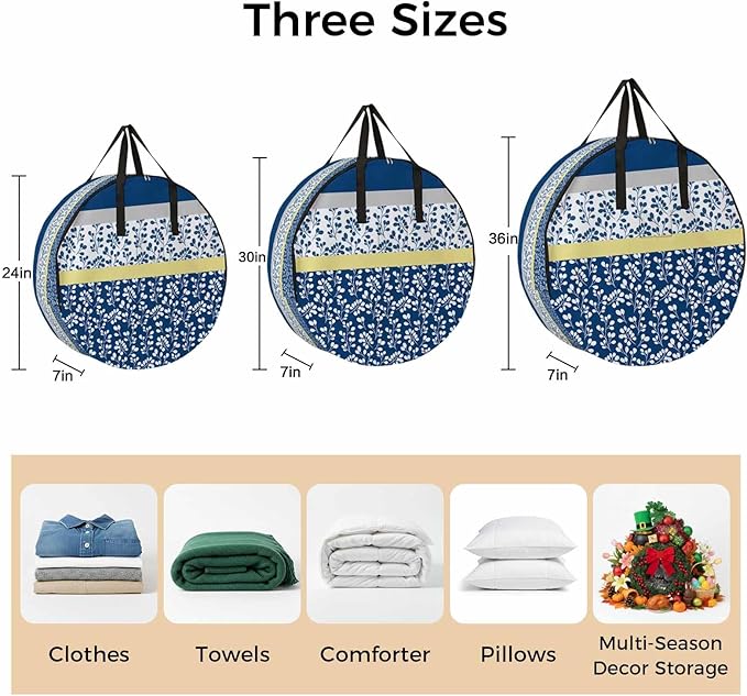 Storage Bag Blue Yellow Leaves Round Storage Totes Bins Closet Organizers with Zippers & Handle Stitching Stripes Clothes Storage Container for Bedroom Dorm Space Saving Packing Supplies Moving Bags