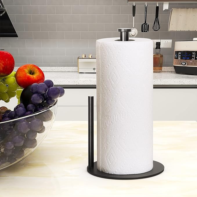 Paper Towel Holder Countertop, OBODING, Black Kitchen Paper Towel Holder Stand for Kitchen and Bathroom Organization, Stainless Steel Paper Towel Holders for Standard and Large Rolls (Matte Black)