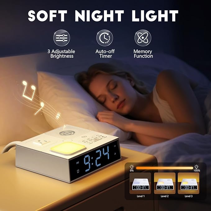 White Noise Sound Machine with Dual Alarm Clock - Soft Night Light 41 Non Looping Sounds USB Port Charger 3 Timers Memory Function 31 Adjustable Volume Sleep Sound Machine for Adult & Home Bedroom