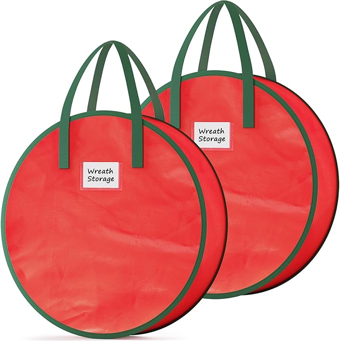 Criusia Wreath Storage Container, 2 Pack Christmas Wreath Storage Bag with Sturdy Handle, Two-Way Zipper,Durable Wreath Storage Organizer Box for Holiday Decoration (Red, 24"x8")