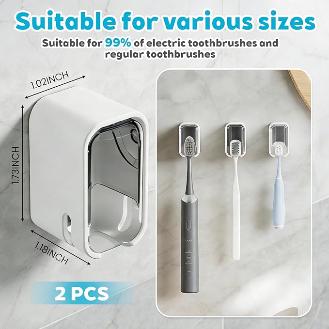 Bathroom Toothbrush Holder 2-Pack, Wall-Mounted with Cover, Single Toothbrush Storage Organizer, Suitable for Home and Travel (Gray)
