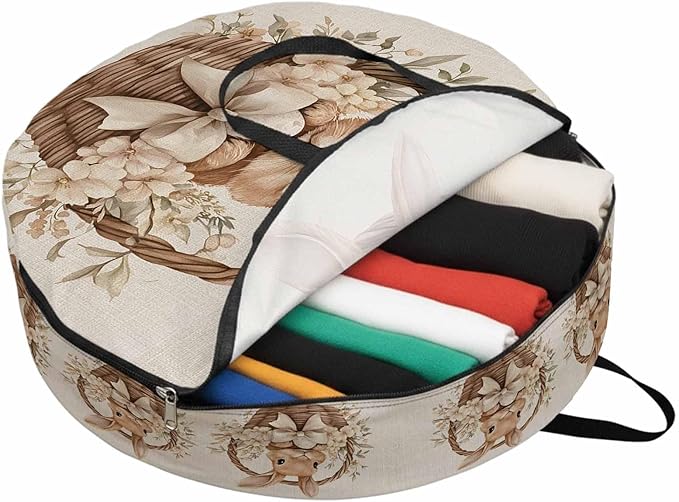 30 Inch Round Storage Bag 1 Pack,Easter Rabbit Basket on Vintage Linen Waterproof Wreath Storage Container with Handles&Zipper Spring Flower Bow Closet Organizer Bags Garland Box