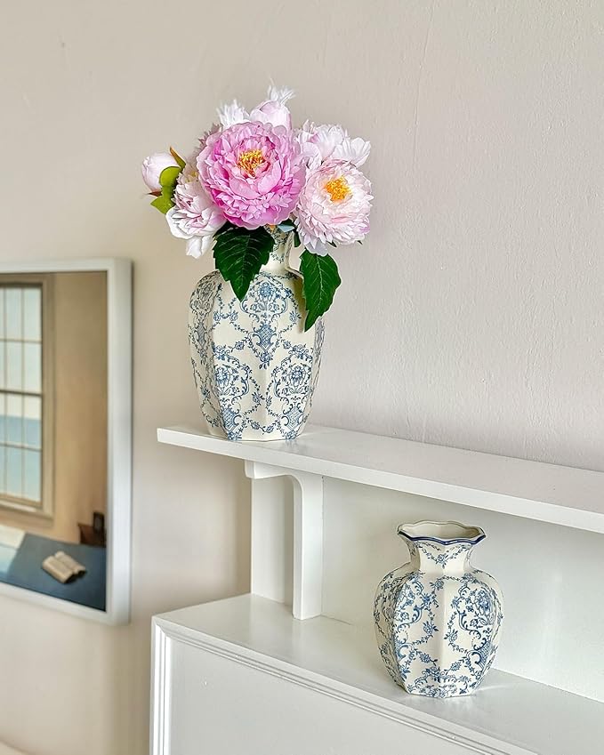 Vintage Blue Ceramic Vase, Blue and White Porcelain Decorative Flower Vase for Centerpiece Living Room Table Shelf, Chinoiserie French Country Decor