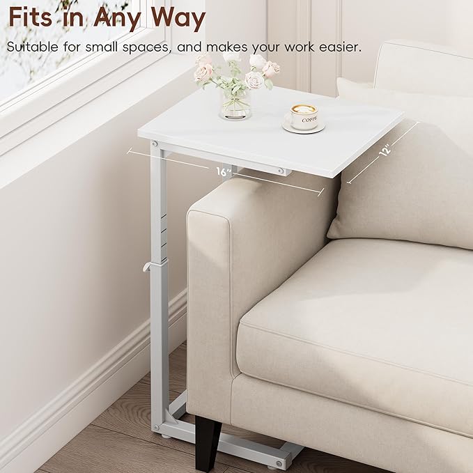 Vagusicc C Shaped End Table, 33"C Table End Table Adjustable Height, Small Side Table for Couch, Tv Tray Table for Small Spaces, Couch Table That Slide Under, Sofa Table for Living Room,Bedroom, White