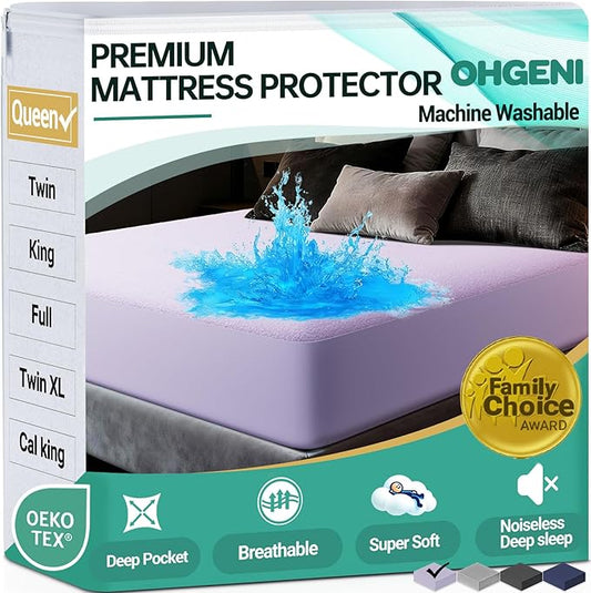 OhGeni 100% Waterproof Mattress Protector, Queen Size Purple, Fitted Sheet with Deep Pockets, 6''-18'', Premium Noiseless Breathable Soft Material, Mattresses Cover for Bed