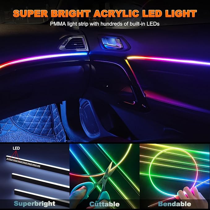 Jushope Car LED Strip Lights, Interior Acrylic LED Lights for Car with Dynamic Rainbow Dream Color Chasing, Ambient Lighting Kits Music Sync (10 in 1(4 * 29.5+43.3+14.5 inches+4 Footwell Lights))