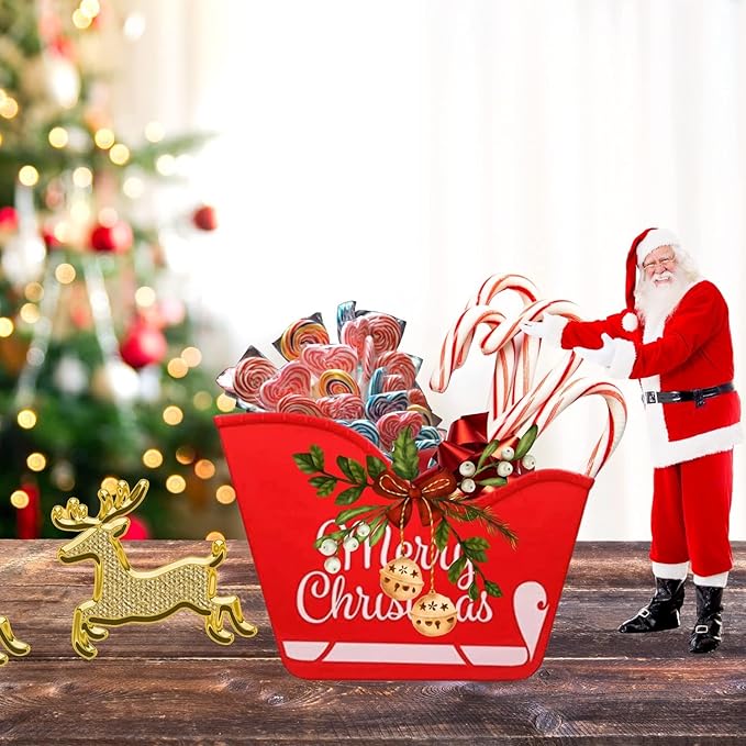 Plastic Santa Sleigh Shaped Bins, Red Container Storage for Holiday Treats, Home Decorations Party Supplies Basket