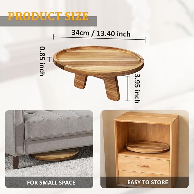Acacia Wood Sofa Tray, Folding Couch Table Insert for Middle Portable Couch Armrest Trays Perfect for Drinks, Snacks, Phone, Remote Control (Circle)
