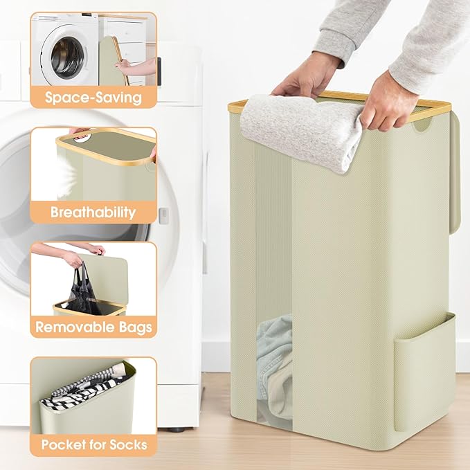 SpaceTrove Laundry Basket Clothes Hamper with Lid and Pocket Large Collapsible Laundry Baskets with Handle, Freestanding Hampers for Bedroom Aesthetic, Dorm, Bathroom, Laundry Room (100L, Beige)