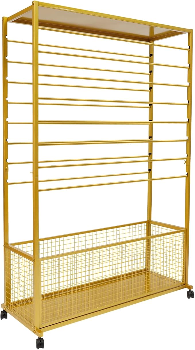 16 Tier Ribbon Holder Organizer Rack, Metal Double-Sided Ribbon Spool Storage Shelf with Wheels, Rolling Flower Wrapping Paper Storage Stand for Craft Room Flower Shop Gift Wrapping(Wider, Gold)