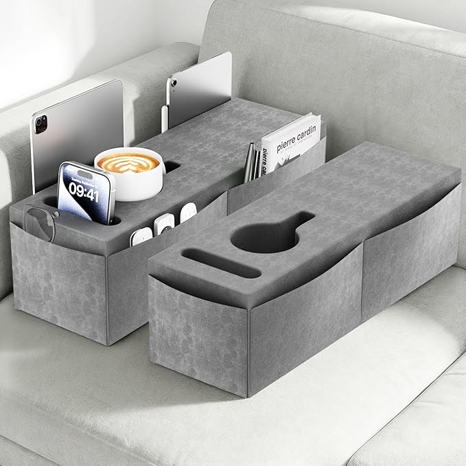 Couch Armrest Caddy with Cup Holder, Portable Sofa Armrest Pillow Drink Holder Table Tray with 5 Large Side Storage Pockets, Portable Sofa Rrmrest for Reading & Bed Rest Pillows armrest couch- 2 Packs
