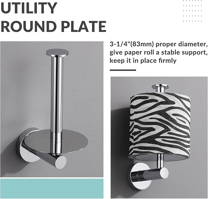 Vertical Toilet Paper Holder, Aomasi Stainless Steel Modern Bathroom Chrome Tissue Hanger with Round Plate, Standing Style TP Roll Storage, Wall Mounted