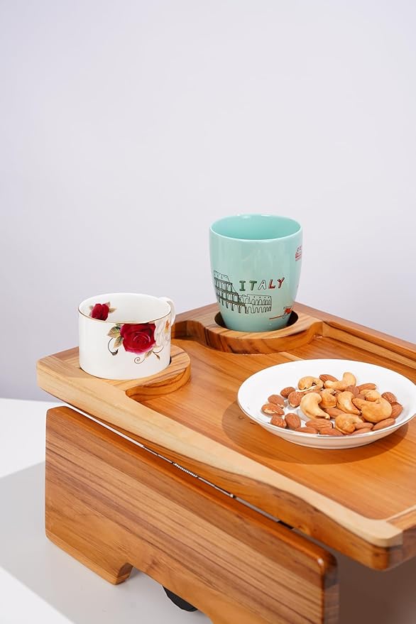 15.35" x 10.24" Teak Wood Couch Arm Tray, Sofa Armrest Table with Dual Cup Holders, Clip-on Tray for Wide Couch - Side Table for Eating & Drink, Snack, Phone, Remote