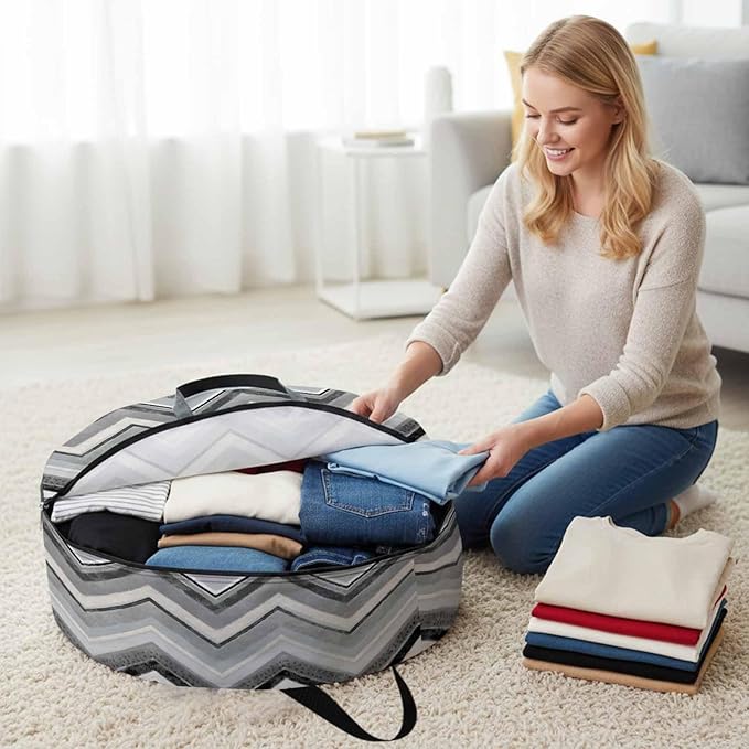 Storage Bag Grey Chevron Round Storage Totes Bins Closet Organizers with Zippers & Handle Geometric Design Stripe Clothes Storage Container for Bedroom Dorm Space Saving Packing Supplies Moving Bags