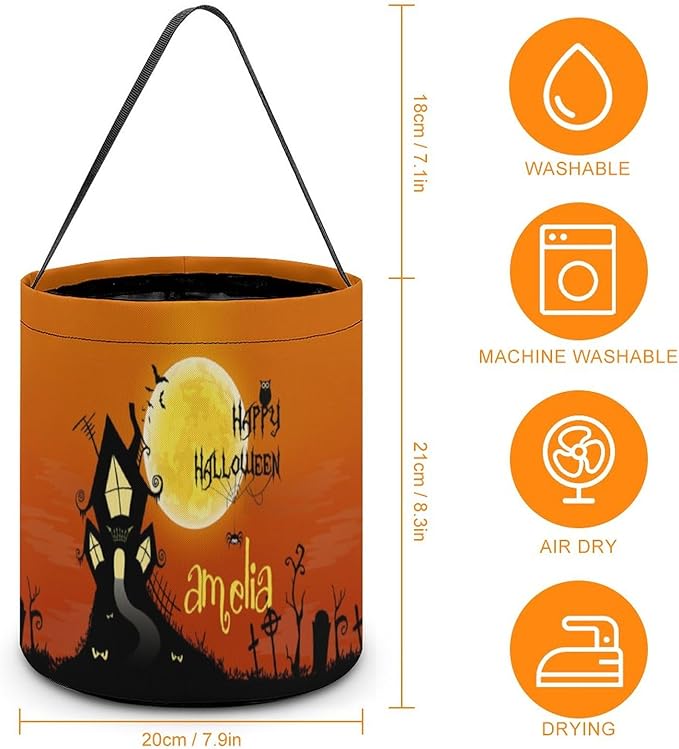Personalized Halloween Trick or Treat Candy Bag with Name Custom Text Party Tote Bucket Halloween Candy Basket Gift (Bag-8)