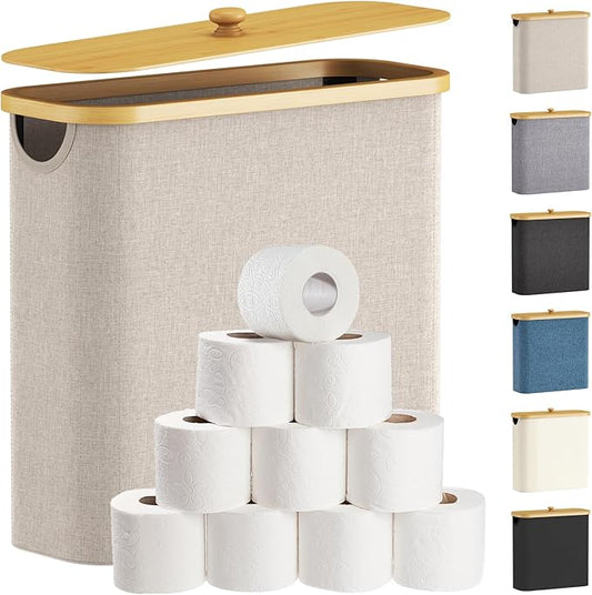 Lifewit Toilet Paper Storage Holder for 12 to 16 Rolls, Free Standing Toilet Paper Basket Stand with Bamboo Lid, Collapsible Fabric Bathroom Organizer Box for Mega Rolls, 30L, Extra Large, Beige